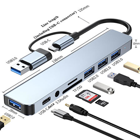 8 in 1 USB Type-C Çok Portlu Hub USB 3.0 2.0 3.5 mm Ses TF SD Kart Çevirici Adaptör