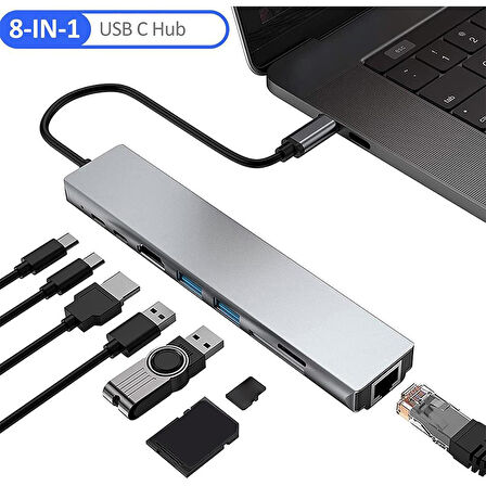 8 in 1 Type C to HDTV Çok Portlu Hub 4K HDMI PD RJ45 USB 3.0 SD TF Çevirici Adaptör