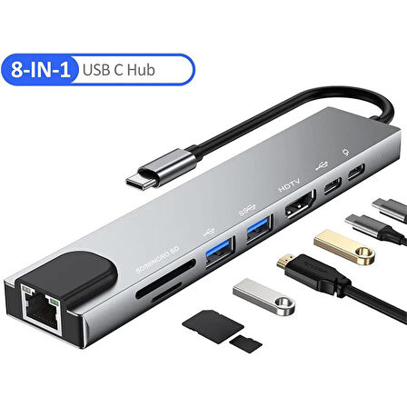 8 in 1 Type C to HDTV Çok Portlu Hub 4K HDMI PD RJ45 USB 3.0 SD TF Çevirici Adaptör