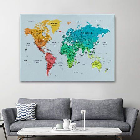 Harita Sepeti Detaylı Dünya Haritası Dekoratif Renkli Zeminli Kanvas Tablo 1710