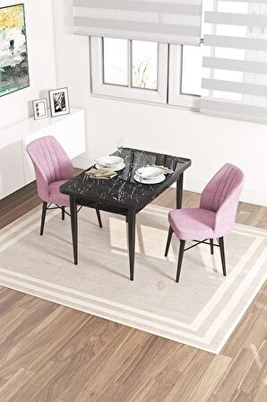 Rovena Lera Siyah Mermer 70x110 Sabit Mdf Mutfak Masası Takımı 2 Adet Sandalye