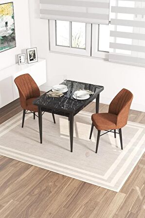 Rovena Lera Siyah Mermer 70x110 Sabit Mdf Mutfak Masası Takımı 2 Adet Sandalye