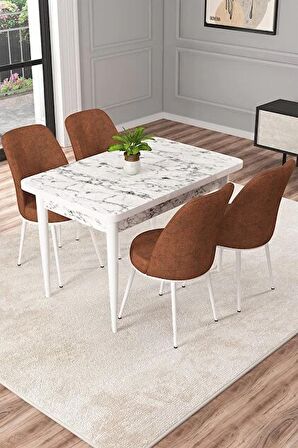 Rovena Duru Beyaz Mermer 70x110 Sabit Mdf Mutfak Masası Takımı 4 Adet Sandalye