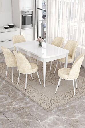 Rovena Bade Beyaz 70x114 Açılabilir Mdf Mutfak Masası Takımı 6 Adet Sandalye