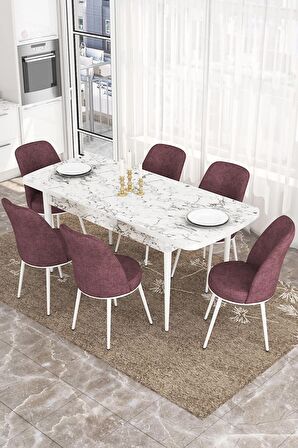 Rovena Bade Beyaz Mermer 70x114 Açılabilir Mdf Mutfak Masası Takımı 6 Adet Sandalye