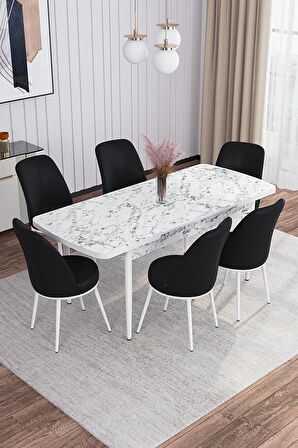 Rovena Bade Beyaz Mermer 70x114 Açılabilir Mdf Mutfak Masası Takımı 6 Adet Sandalye