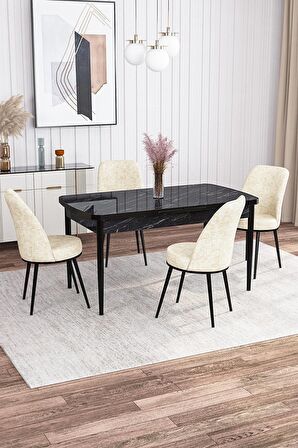 Rovena Bade Siyah Mermer 70x114 Açılabilir Mdf Mutfak Masası Takımı 4 Adet Sandalye