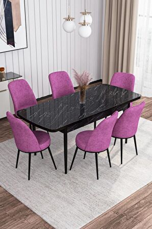 Rovena Bade Siyah Mermer 70x114 Açılabilir Mdf Mutfak Masası Takımı 6 Adet Sandalye