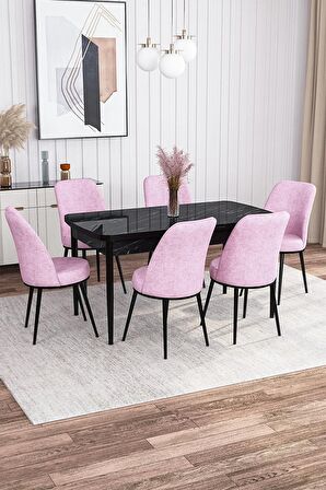 Rovena Bade Siyah Mermer 70x114 Açılabilir Mdf Mutfak Masası Takımı 6 Adet Sandalye