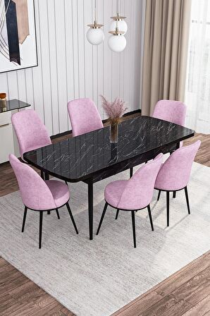 Rovena Bade Siyah Mermer 70x114 Açılabilir Mdf Mutfak Masası Takımı 6 Adet Sandalye