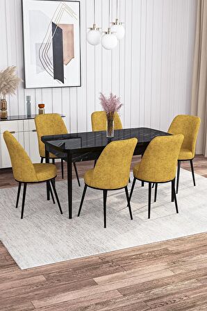 Rovena Bade Siyah Mermer 70x114 Açılabilir Mdf Mutfak Masası Takımı 6 Adet Sandalye