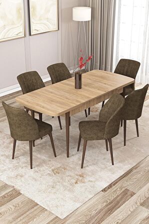 Rovena Lora Meşe 70x114 Açılabilir Mdf Mutfak Masası Takımı 6 Adet Sandalye