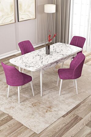 Rovena Lora Beyaz Mermer 70x114 Açılabilir Mdf Mutfak Masası Takımı 4 Adet Sandalye