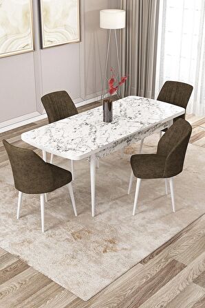 Rovena Lora Beyaz Mermer 70x114 Açılabilir Mdf Mutfak Masası Takımı 4 Adet Sandalye