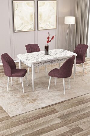 Rovena Lora Beyaz Mermer 70x114 Açılabilir Mdf Mutfak Masası Takımı 4 Adet Sandalye