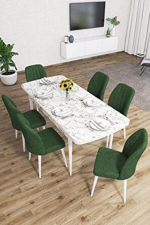 Rovena Lora Beyaz Mermer 70x114 Açılabilir Mdf Mutfak Masası Takımı 6 Adet Sandalye