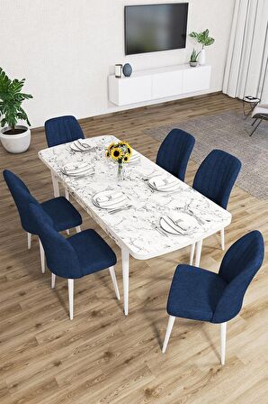 Rovena Lora Beyaz Mermer 70x114 Açılabilir Mdf Mutfak Masası Takımı 6 Adet Sandalye