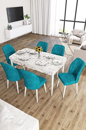 Rovena Lora Beyaz Mermer 70x114 Açılabilir Mdf Mutfak Masası Takımı 6 Adet Sandalye