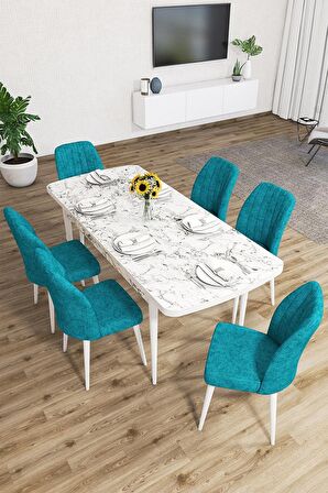Rovena Lora Beyaz Mermer 70x114 Açılabilir Mdf Mutfak Masası Takımı 6 Adet Sandalye