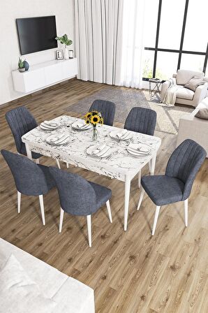 Rovena Lora Beyaz Mermer 70x114 Açılabilir Mdf Mutfak Masası Takımı 6 Adet Sandalye