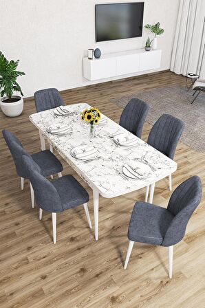 Rovena Lora Beyaz Mermer 70x114 Açılabilir Mdf Mutfak Masası Takımı 6 Adet Sandalye