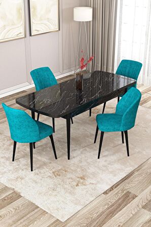 Rovena Lora Siyah Mermer 70x114 Açılabilir Mdf Mutfak Masası Takımı 4 Adet Sandalye