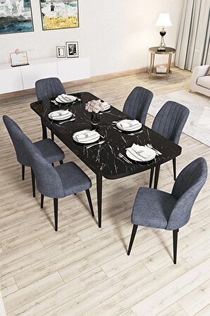 Rovena Lora Siyah Mermer 70x114 Açılabilir Mdf Mutfak Masası Takımı 4 Adet Sandalye