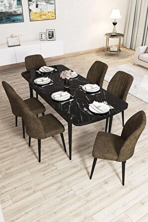 Rovena Lora Siyah Mermer 70x114 Açılabilir Mdf Mutfak Masası Takımı 6 Adet Sandalye