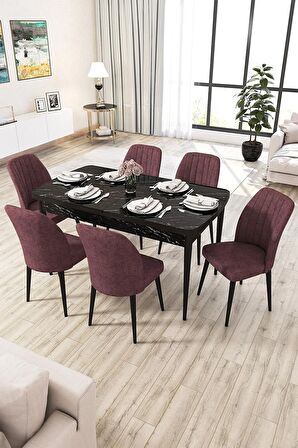 Rovena Lora Siyah Mermer 70x114 Açılabilir Mdf Mutfak Masası Takımı 6 Adet Sandalye