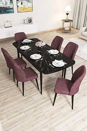 Rovena Lora Siyah Mermer 70x114 Açılabilir Mdf Mutfak Masası Takımı 6 Adet Sandalye
