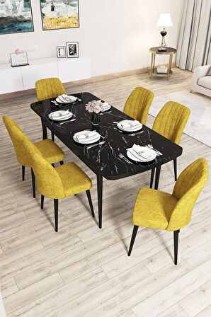 Rovena Lora Siyah Mermer 70x114 Açılabilir Mdf Mutfak Masası Takımı 6 Adet Sandalye