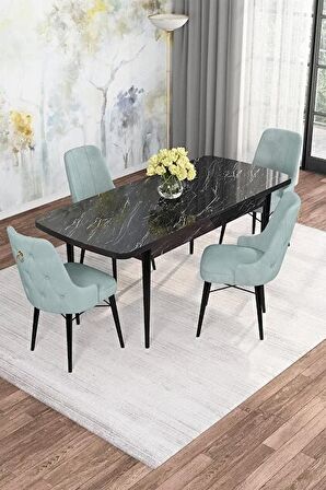 Rovena Gian  Siyah Mermer 70x114 Açılabilir Suntalam Mutfak Masası Takımı 4 Adet Sandalye