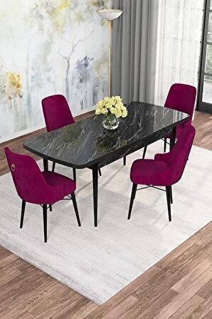 Rovena Gian  Siyah Mermer 70x114 Açılabilir Suntalam Mutfak Masası Takımı 4 Adet Sandalye