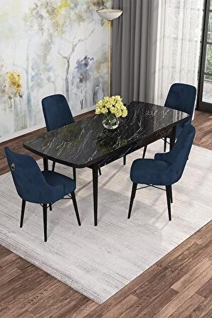 Rovena Gian  Siyah Mermer 70x114 Açılabilir Suntalam Mutfak Masası Takımı 4 Adet Sandalye