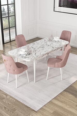 Rovena Pavia Beyaz Mermer 70x114 Açılabilir Suntalam Mutfak Masası Takımı 4 Adet Sandalye