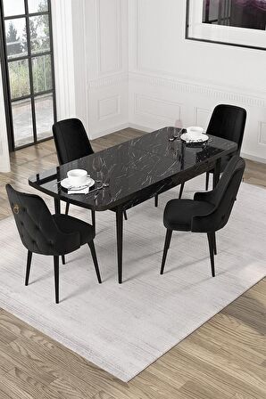 Rovena Pavia Siyah Mermer 70x114 Açılabilir Suntalam Mutfak Masası Takımı 4 Adet Sandalye