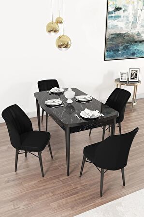 Rovena Alto Siyah Mermer 70x114 Açılabilir Suntalam Mutfak Masası Takımı 4 Adet Sandalye