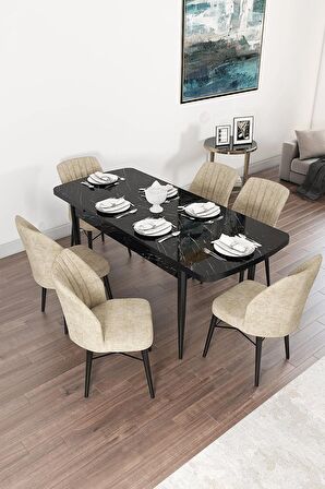 Rovena Alto Siyah Mermer 70x114 Açılabilir Suntalam Mutfak Masası Takımı 6 Adet Sandalye