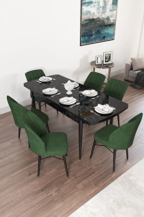 Rovena Alto Siyah Mermer 70x114 Açılabilir Suntalam Mutfak Masası Takımı 6 Adet Sandalye