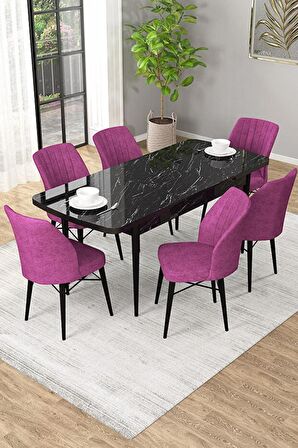 Rovena Alto Siyah Mermer 70x114 Açılabilir Suntalam Mutfak Masası Takımı 6 Adet Sandalye