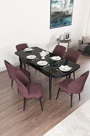 Rovena Alto Siyah Mermer 70x114 Açılabilir Suntalam Mutfak Masası Takımı 6 Adet Sandalye