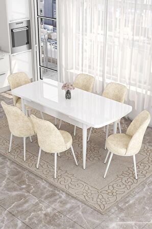 Rovena Sona Beyaz 70x114 Açılabilir Suntalam Mutfak Masası Takımı 6 Adet Sandalye