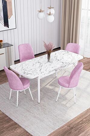 Rovena Sona Beyaz Mermer 70x114 Açılabilir Suntalam Mutfak Masası Takımı 4 Adet Sandalye