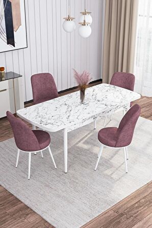 Rovena Sona Beyaz Mermer 70x114 Açılabilir Suntalam Mutfak Masası Takımı 4 Adet Sandalye