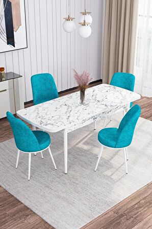 Rovena Sona Beyaz Mermer 70x114 Açılabilir Suntalam Mutfak Masası Takımı 4 Adet Sandalye