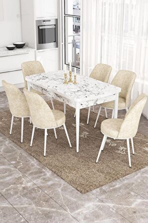 Rovena Sona Beyaz Mermer 70x114 Açılabilir Suntalam Mutfak Masası Takımı 6 Adet Sandalye