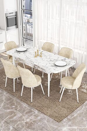 Rovena Sona Beyaz Mermer 70x114 Açılabilir Suntalam Mutfak Masası Takımı 6 Adet Sandalye