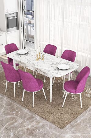 Rovena Sona Beyaz Mermer 70x114 Açılabilir Suntalam Mutfak Masası Takımı 6 Adet Sandalye
