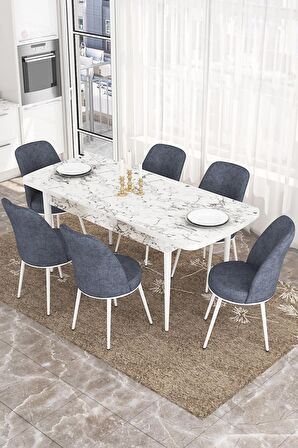 Rovena Sona Beyaz Mermer 70x114 Açılabilir Suntalam Mutfak Masası Takımı 6 Adet Sandalye