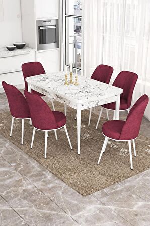 Rovena Sona Beyaz Mermer 70x114 Açılabilir Suntalam Mutfak Masası Takımı 6 Adet Sandalye